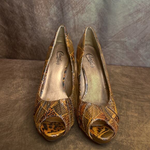 Candie's Stanton Print Patchwork Animal Print Pumps Open Toe High Heel Size 9.5 - Picture 3 of 11